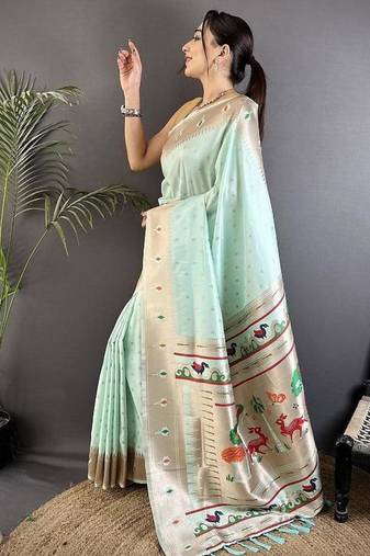 soft lichi art silk sea green peacock & floral motifs kanchipuram saree