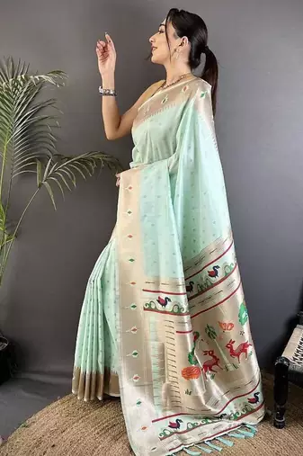 soft lichi art silk sea green peacock & floral motifs kanchipuram saree