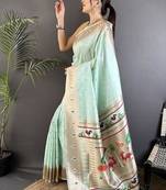 soft lichi art silk sea green peacock & floral motifs kanchipuram saree