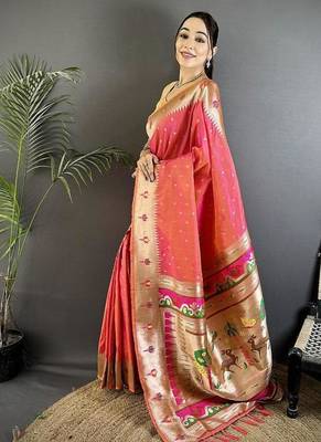 soft lichi Art silk rose pink peacock & floral motifs kanchipuram saree 1