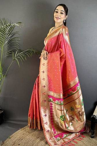 soft lichi art silk rose pink peacock & floral motifs kanchipuram saree