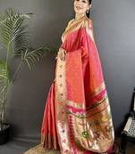 soft lichi art silk rose pink peacock & floral motifs kanchipuram saree