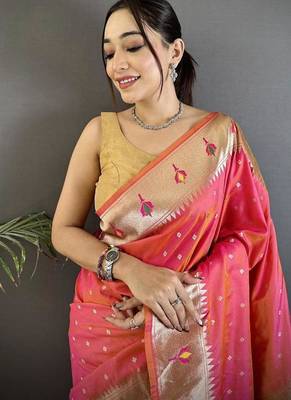 soft lichi Art silk rose pink peacock & floral motifs kanchipuram saree 2
