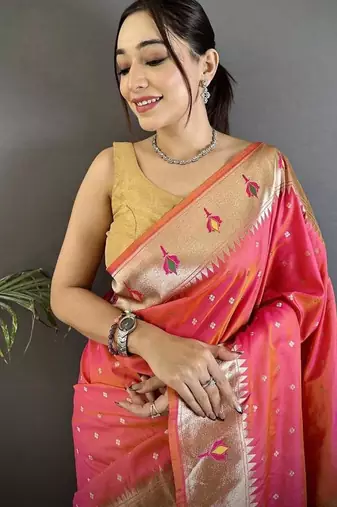 soft lichi art silk rose pink peacock & floral motifs kanchipuram saree
