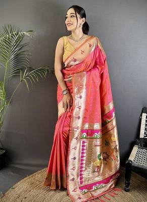 soft lichi Art silk rose pink peacock & floral motifs kanchipuram saree 4