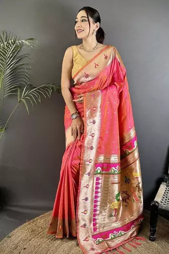 soft lichi art silk rose pink peacock & floral motifs kanchipuram saree