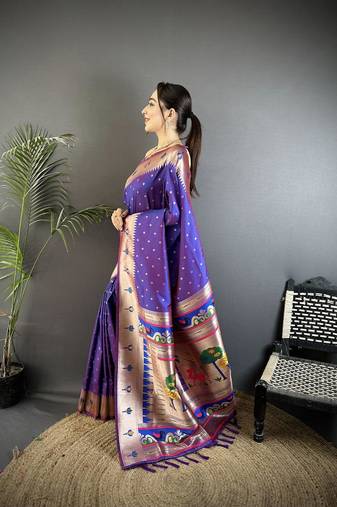 soft lichi art silk purple peacock & floral motifs kanchipuram saree