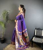 soft lichi art silk purple peacock & floral motifs kanchipuram saree