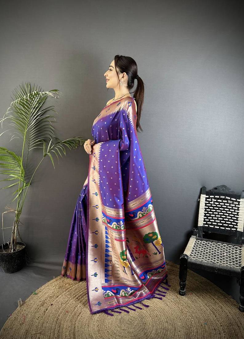 soft lichi art silk purple peacock & floral motifs kanchipuram saree