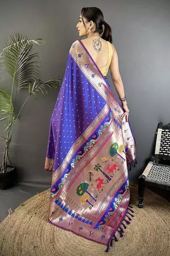 soft lichi art silk purple peacock & floral motifs kanchipuram saree