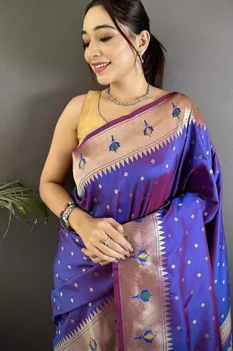 soft lichi art silk purple peacock & floral motifs kanchipuram saree
