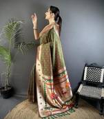 soft lichi art silk mehendi green peacock & floral motifs kanchipuram saree