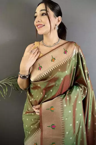 soft lichi art silk mehendi green peacock & floral motifs kanchipuram saree
