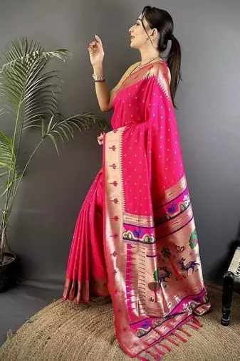 soft lichi art silk rani pink peacock & floral motifs kanchipuram saree