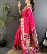 soft lichi art silk rani pink peacock & floral motifs kanchipuram saree