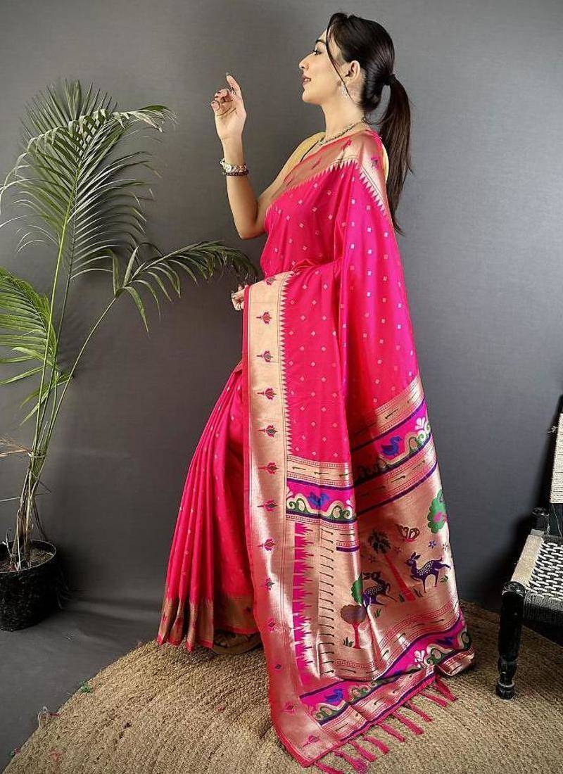 soft lichi art silk rani pink peacock & floral motifs kanchipuram saree