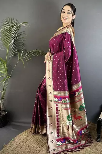 soft lichi art silk wine peacock & floral motifs kanchipuram saree