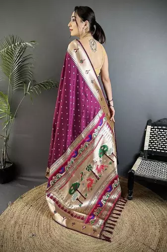 soft lichi art silk wine peacock & floral motifs kanchipuram saree