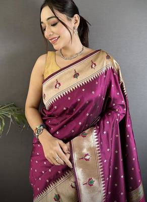 soft lichi Art silk wine peacock & floral motifs kanchipuram saree 3