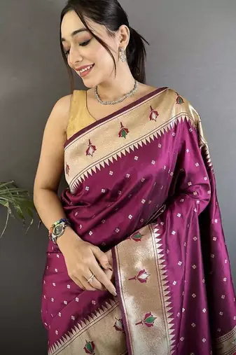 soft lichi art silk wine peacock & floral motifs kanchipuram saree