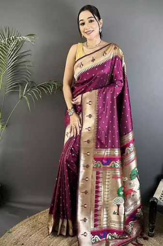 soft lichi art silk wine peacock & floral motifs kanchipuram saree