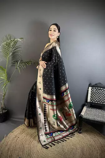 soft lichi art silk black peacock & floral motifs kanchipuram saree