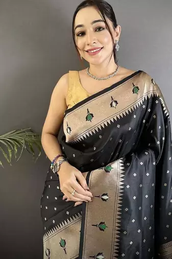 soft lichi art silk black peacock & floral motifs kanchipuram saree