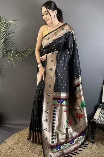soft lichi art silk black peacock & floral motifs kanchipuram saree