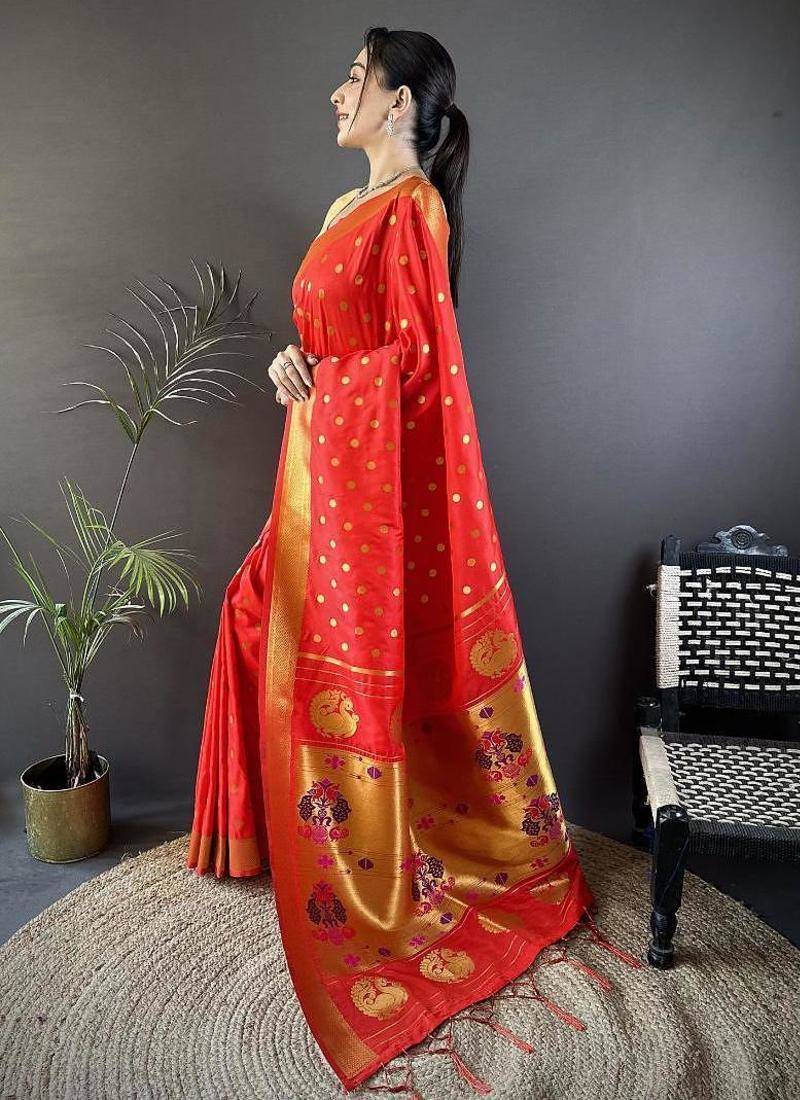 lichi art silk  red polka dot paithani art silk saree