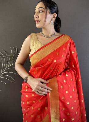 lichi Art silk  red polka dot paithani Art silk saree 3