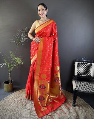 lichi Art silk  red polka dot paithani Art silk saree 5