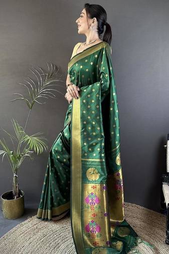 lichi art silk green polka dot paithani art silk saree