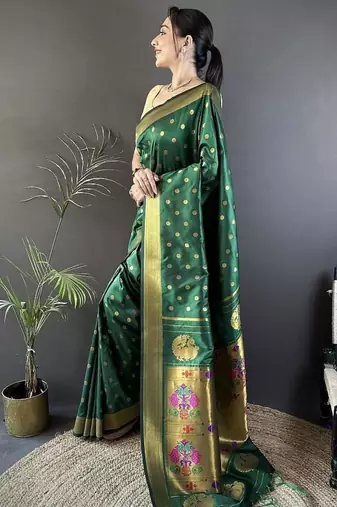 lichi art silk green polka dot paithani art silk saree
