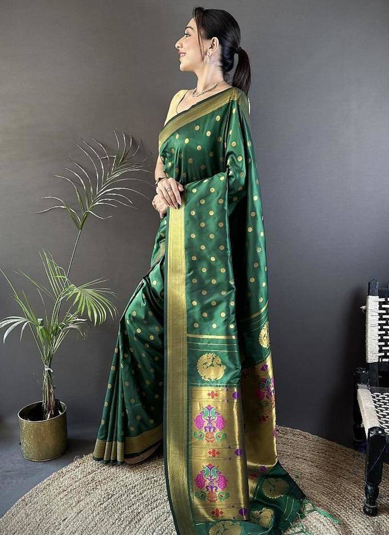 lichi art silk green polka dot paithani art silk saree
