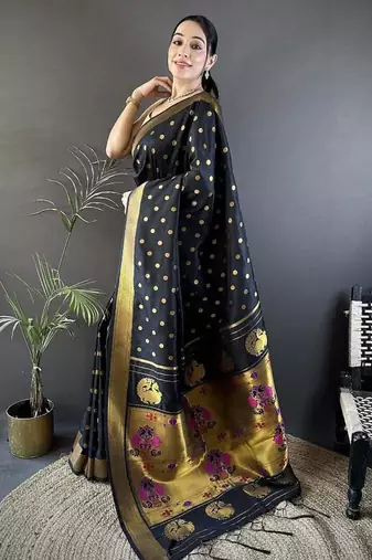 lichi art silk black polka dot paithani art silk saree