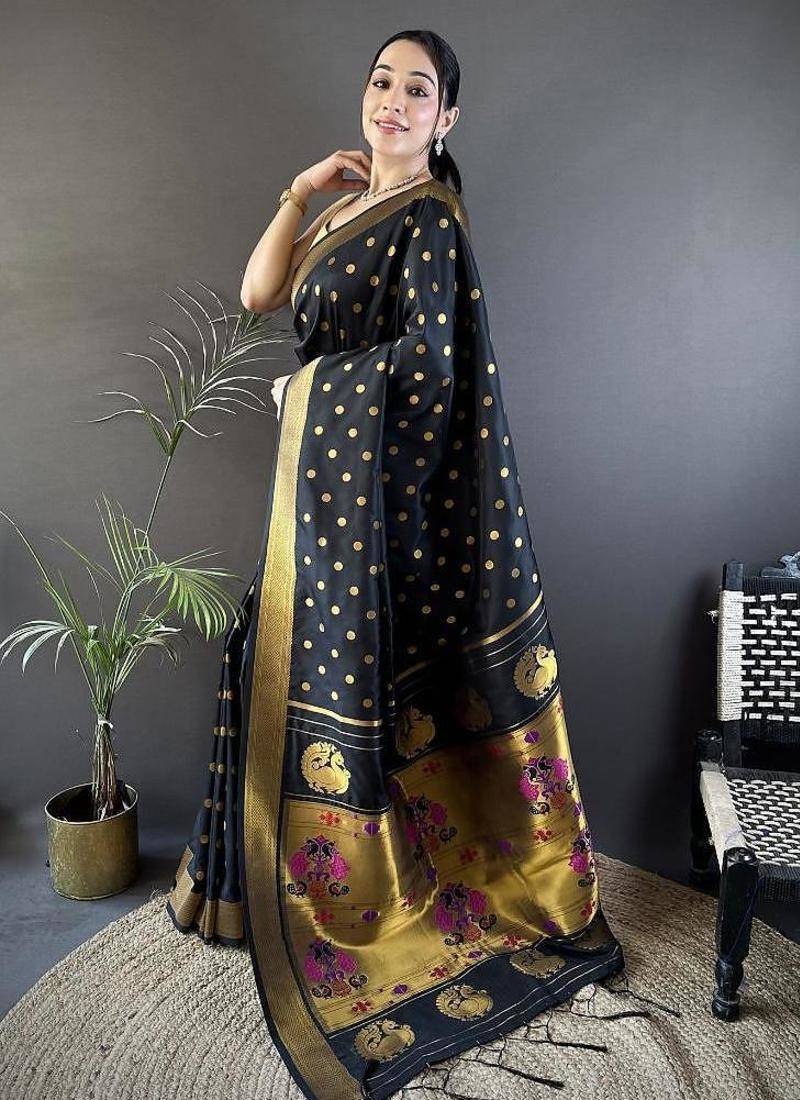 lichi art silk black polka dot paithani art silk saree