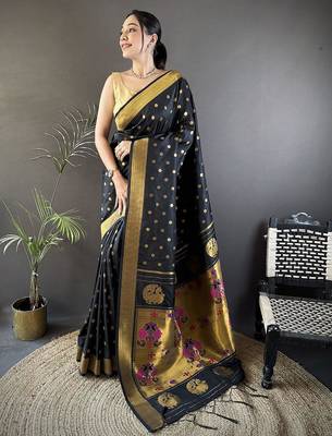 lichi Art silk black polka dot paithani Art silk saree 4