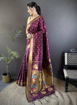 lichi Art silk wine polka dot paithani Art silk saree 1