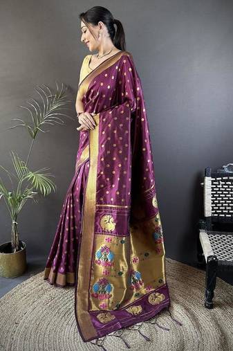 lichi art silk wine polka dot paithani art silk saree