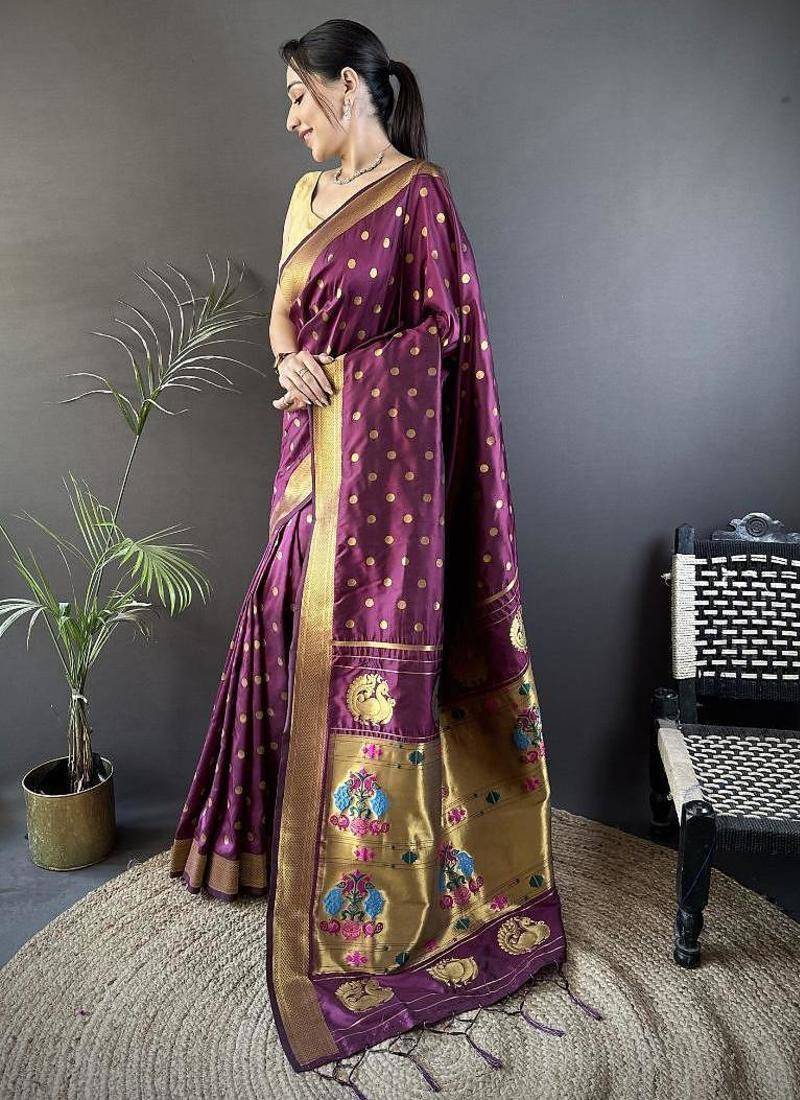 lichi art silk wine polka dot paithani art silk saree