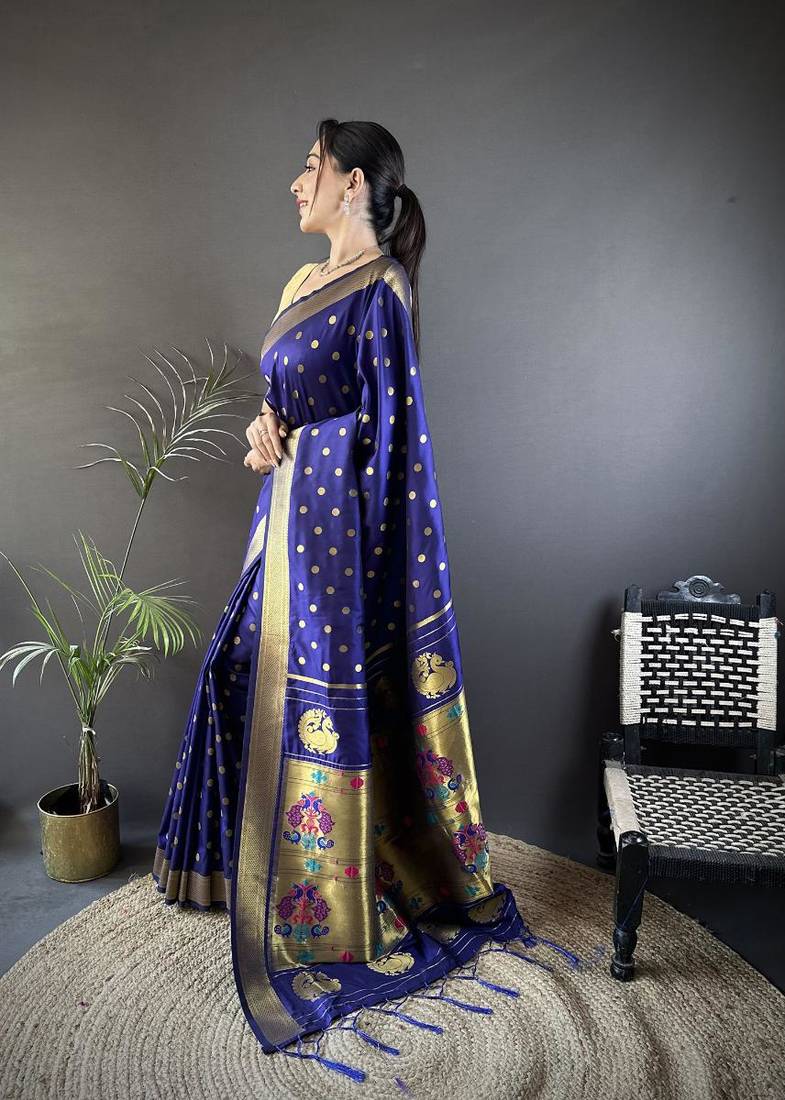 lichi art silk royal blue polka dot paithani art silk saree