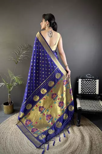 lichi art silk royal blue polka dot paithani art silk saree