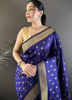 lichi Art silk royal blue polka dot paithani Art silk saree 3