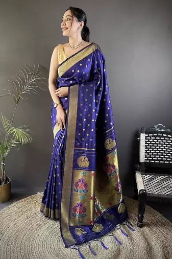 lichi art silk royal blue polka dot paithani art silk saree