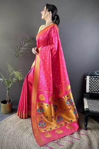 lichi art silk hot pink polka dot paithani art silk saree