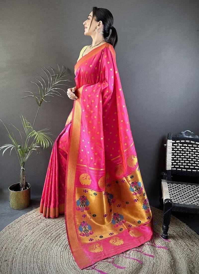 lichi art silk hot pink polka dot paithani art silk saree