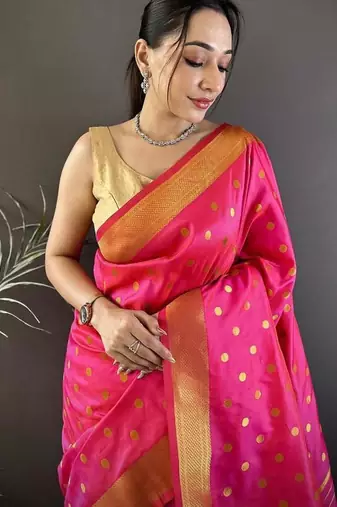 lichi art silk hot pink polka dot paithani art silk saree