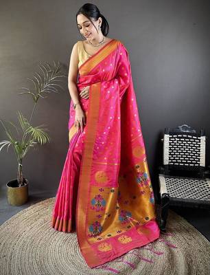 lichi Art silk hot pink polka dot paithani Art silk saree 5