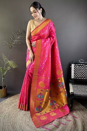lichi art silk hot pink polka dot paithani art silk saree
