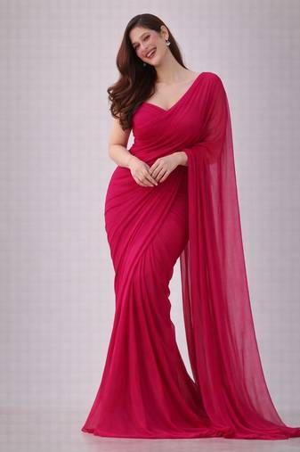 Raspberry color plain georgette designer saree with blouse